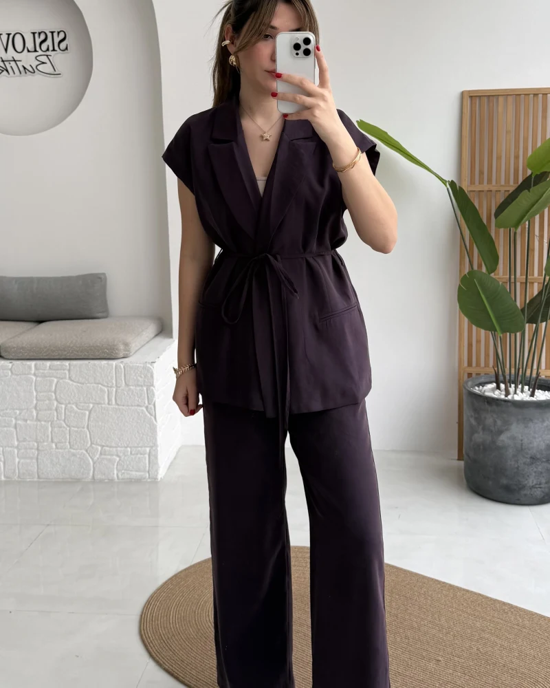 İp Bağlamalı Yelek Pantolon Takım - Mürdüm - Kod: 8021 4041