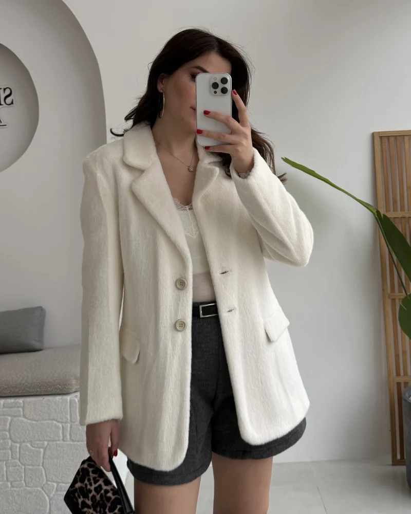 Peluş Düğmeli Blazer Ceket - Ekru - Kod: 508014