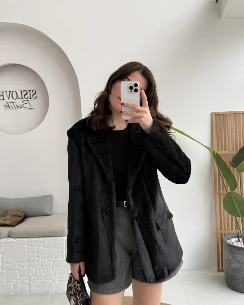 Peluş Düğmeli Blazer Ceket - Siyah - Kod: 508014