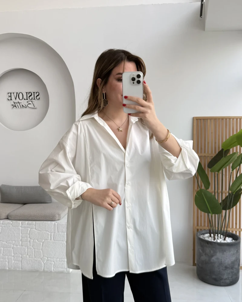 Önü Yırtmaçlı Gömlek - Beyaz - Kod: 5010