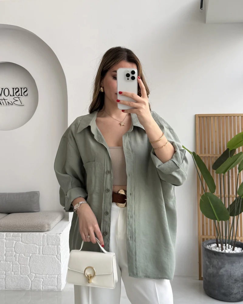 Çağla Yeşili Oversize Tensel Gömlek Kod: 4612