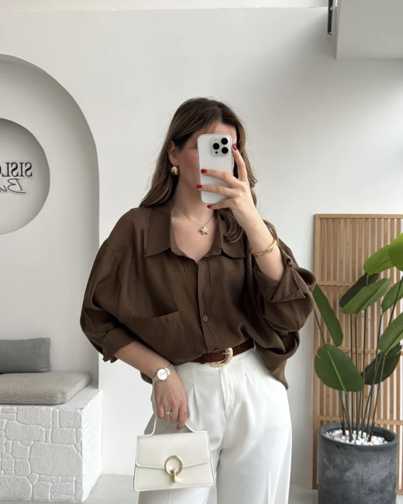 Kahverengi Oversize Tensel Gömlek Kod: 4612