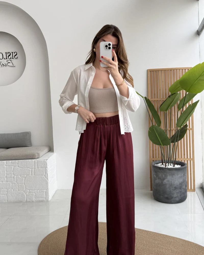 Bel Ortası Lastikli Saten Pantolon - Bordo - Kod: 51297