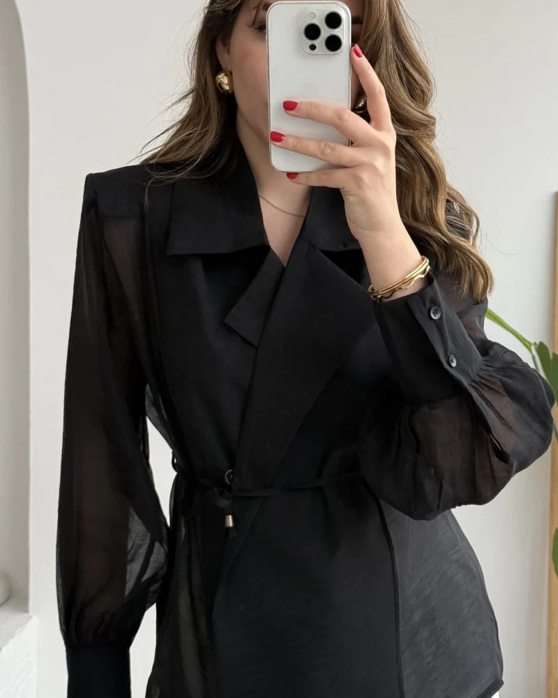 Maisie Vatkalı Transparan Bağlamalı Gömlek - Siyah - Kod: 5029