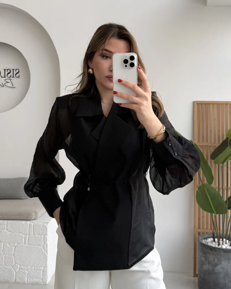 Maisie Vatkalı Transparan Bağlamalı Gömlek - Siyah - Kod: 5029