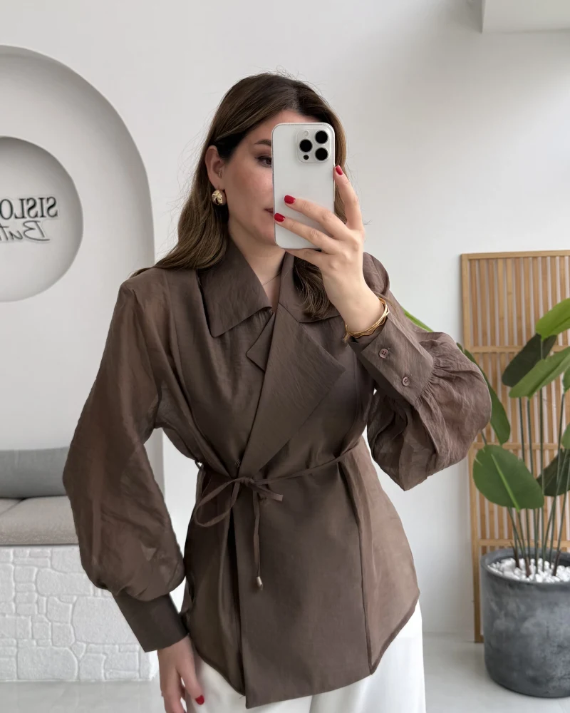 Maisie Vatkalı Transparan Bağlamalı Gömlek - Kahve - Kod: 5029