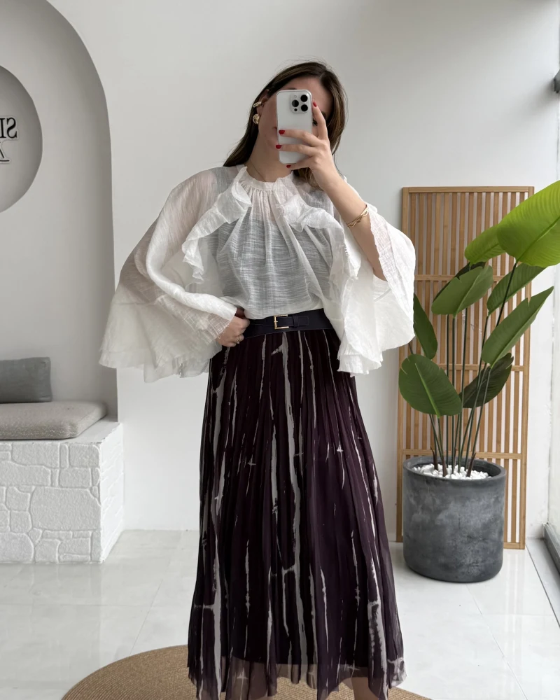 Parçalı Kemerli Asimetrik Kesim Etek - Mürdüm - Kod: 3369