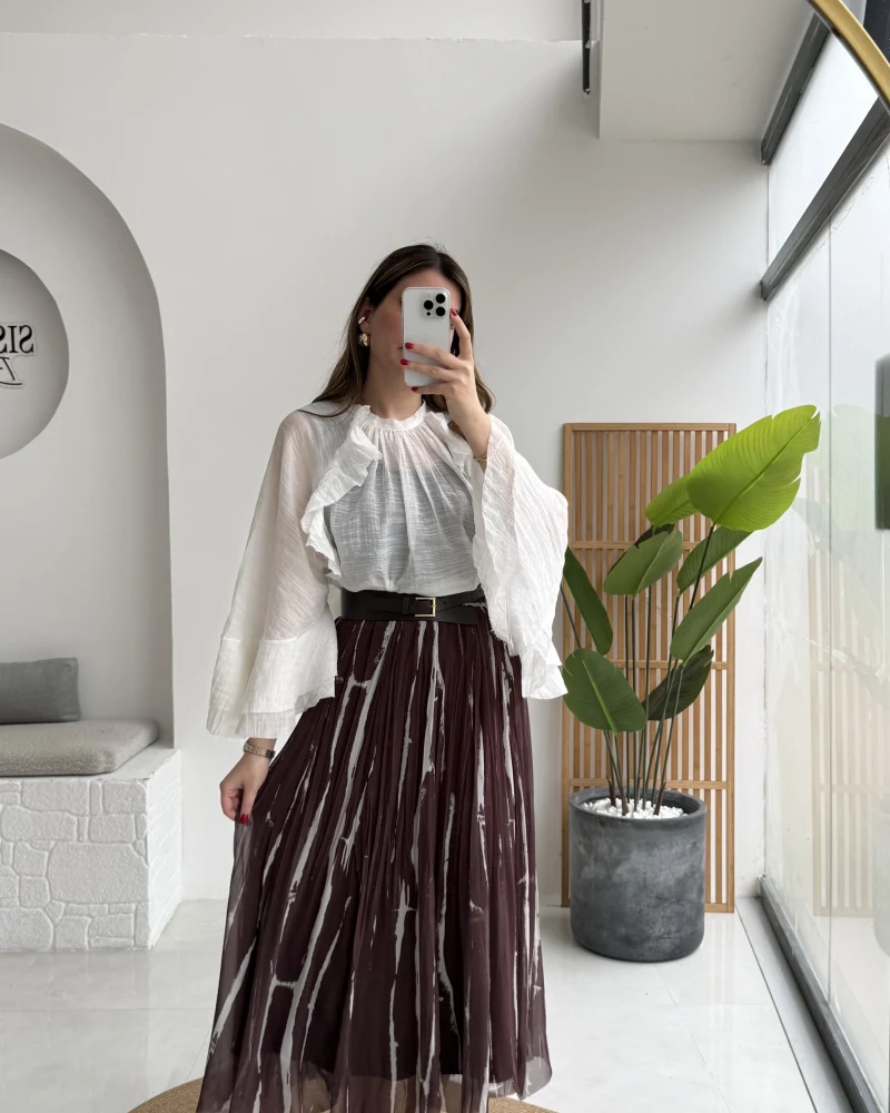 Parçalı Kemerli Asimetrik Kesim Etek - Kahve - Kod: 3369