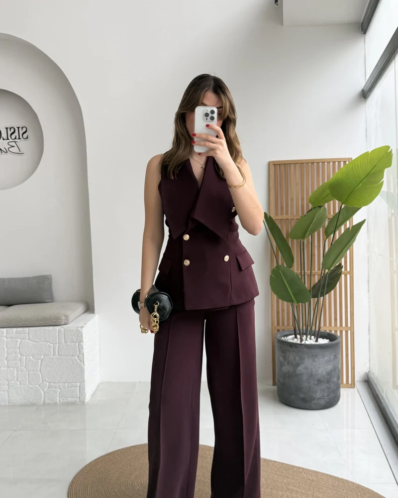 Rowena Yaka Detay Yelek-Pantolon Takım - Mürdüm - Kod: 9692