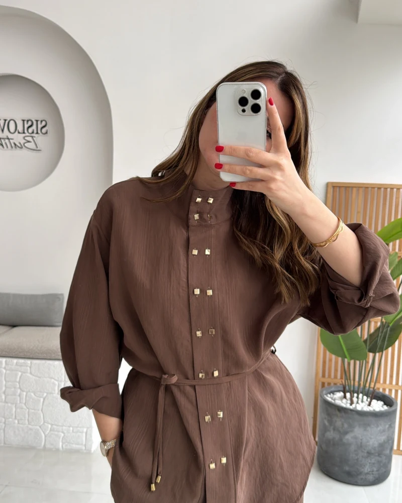 Geniş Yaka Bağcıklı Gömlek Pantolon Takım - Kahve - Kod: 51298