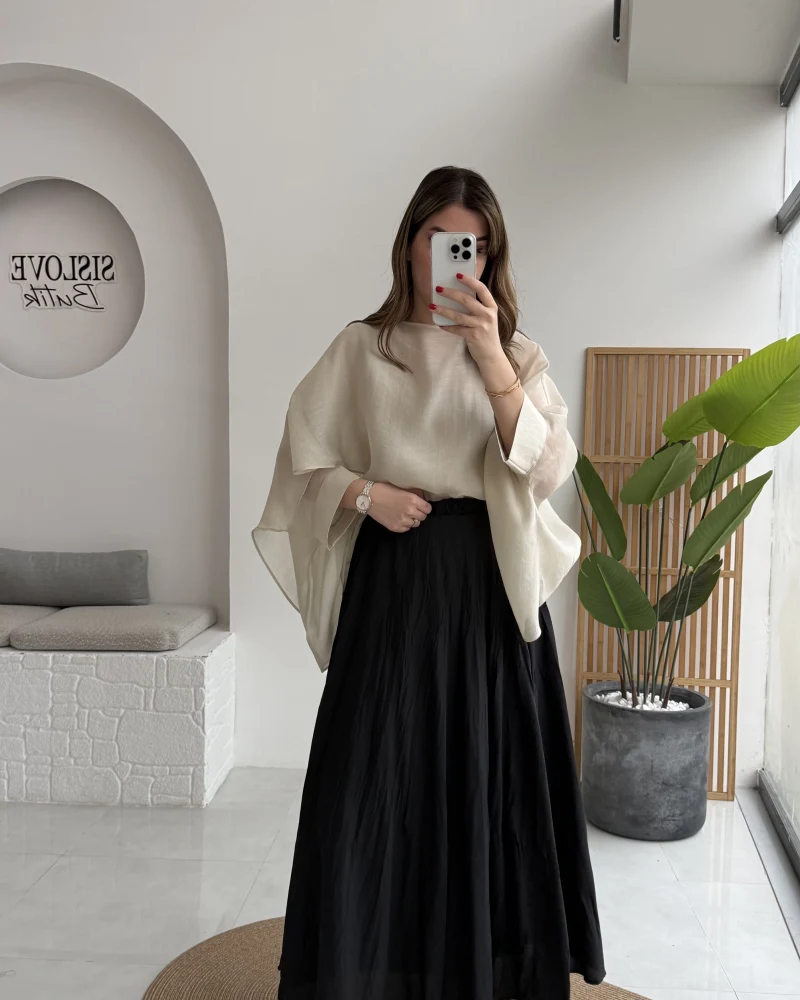 Pole Astarlı Kırışık Kloş Etek - Siyah - Kod: 3000