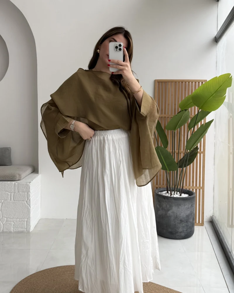 Pole Astarlı Kırışık Kloş Etek - Beyaz- Kod: 3000