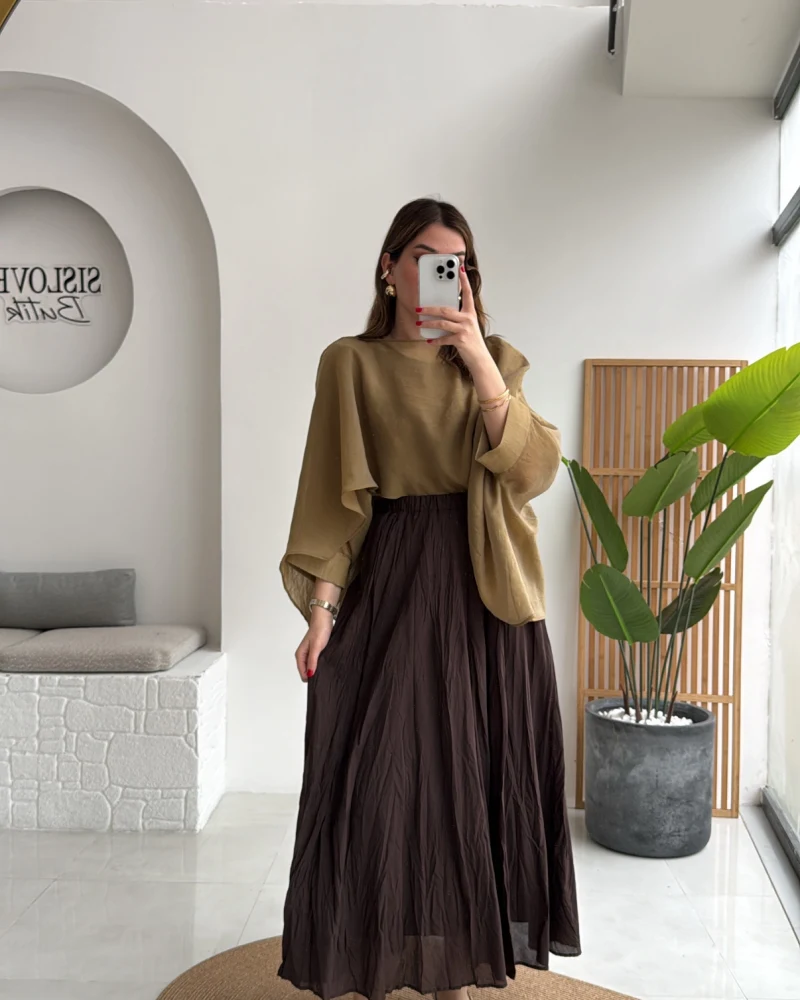 Polis Astarlı Kırışık Kloş Etek - Kahverengi - Kod: 3000