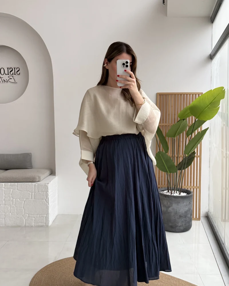 Pole Astarlı Kırışık Kloş Etek - Lacivert - Kod: 3000