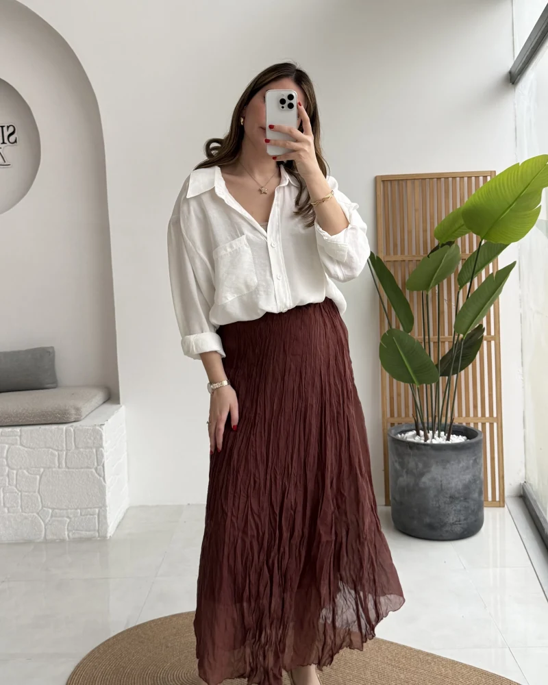 Astarlı Kırışık Beli Lastikli Etek - Tarçın - Kod: 3207