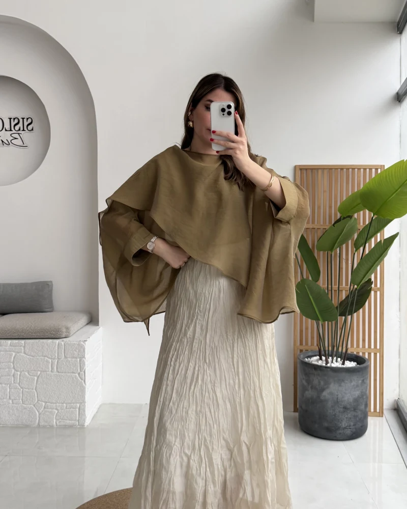 Astarlı Kırışık Beli Lastikli Etek - Taş - Kod: 3207