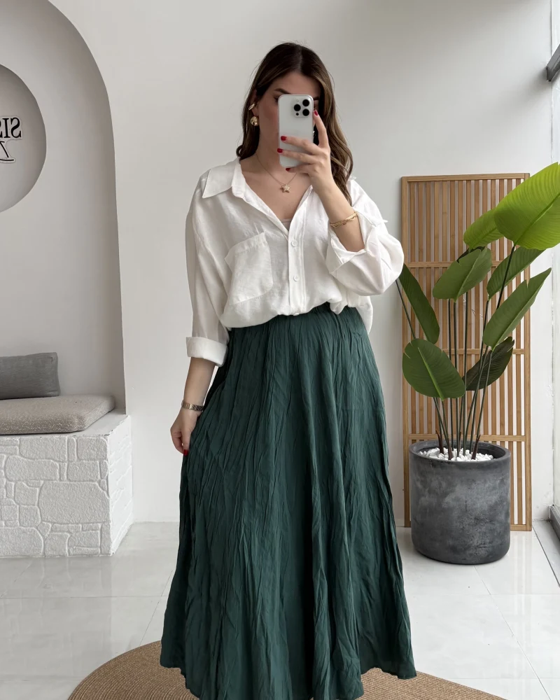 Astarlı Kırışık Beli Lastikli Etek - Zümrüt - Kod: 3207