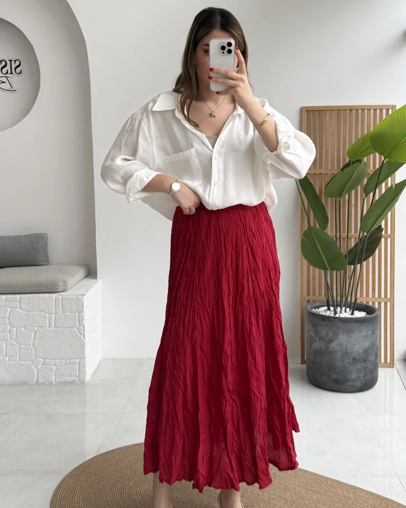 Astarlı Kırışık Beli Lastikli Etek - Kırmızı - Kod: 3207