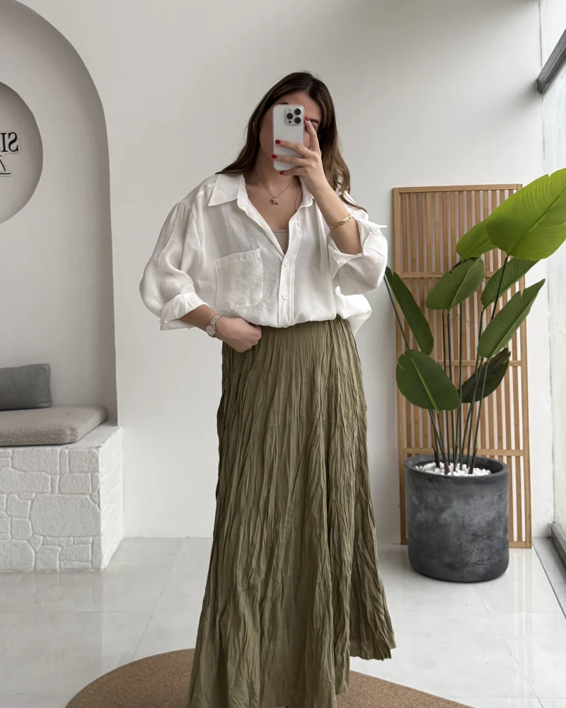 Astarlı Kırışık Beli Lastikli Etek - Haki - Kod: 3207