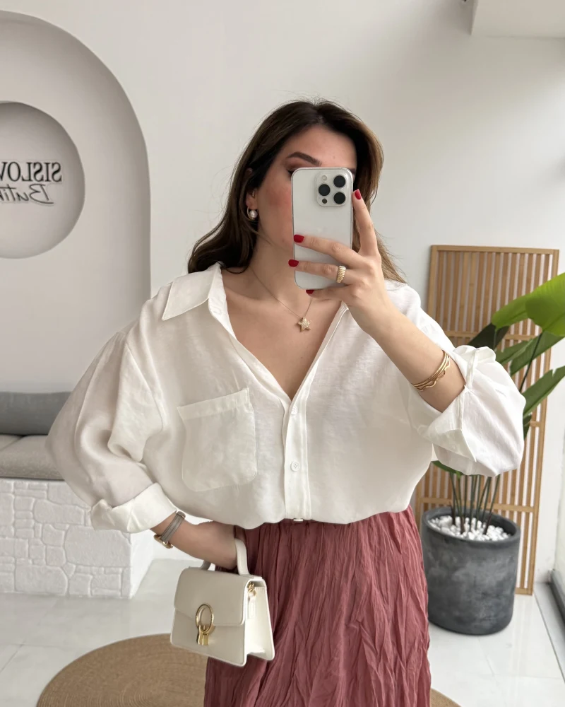Beyaz Oversize Tensel Gömlek Kod: 4612