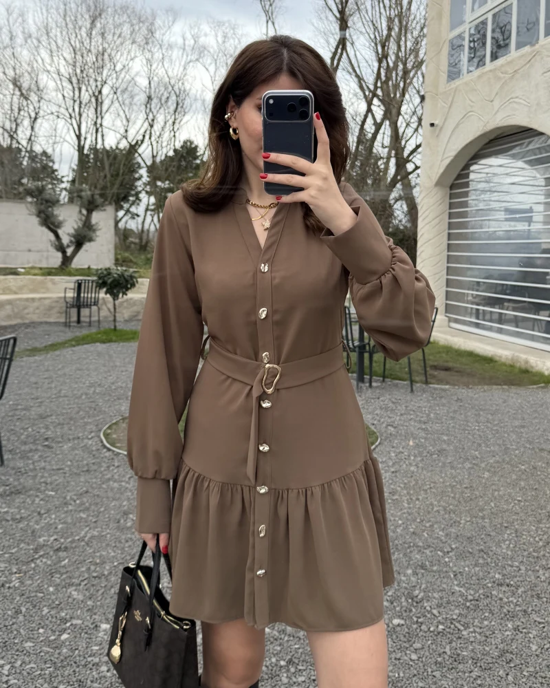 Gabriela Kemerli Gold Düğmeli Mini Elbise - Vizon - Kod: 0922