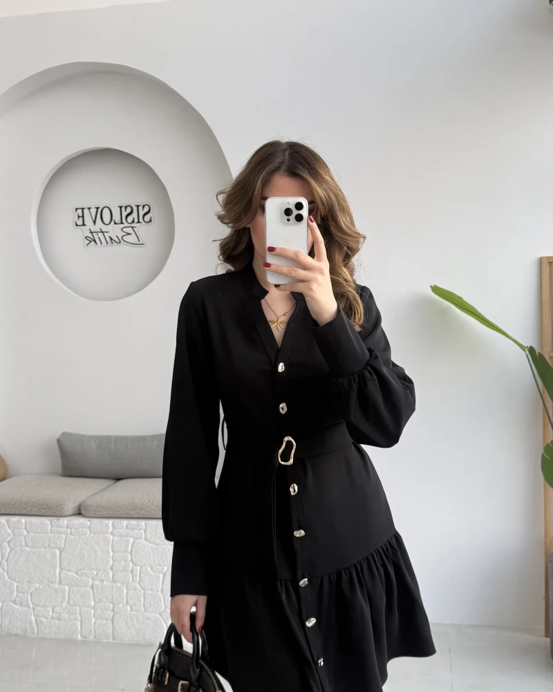 Gabriela Kemerli Gold Düğmeli Mini Elbise - Siyah - Kod: 0922