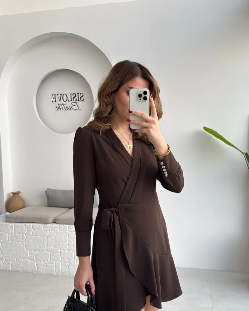 Kruvaze Yaka Önden Bağlamalı Mini Elbise - Kahverengi - Kod: 0923