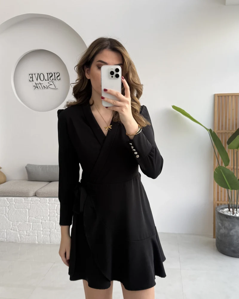 Kruvaze Yaka Önden Bağlamalı Mini Elbise - Siyah - Kod: 0923