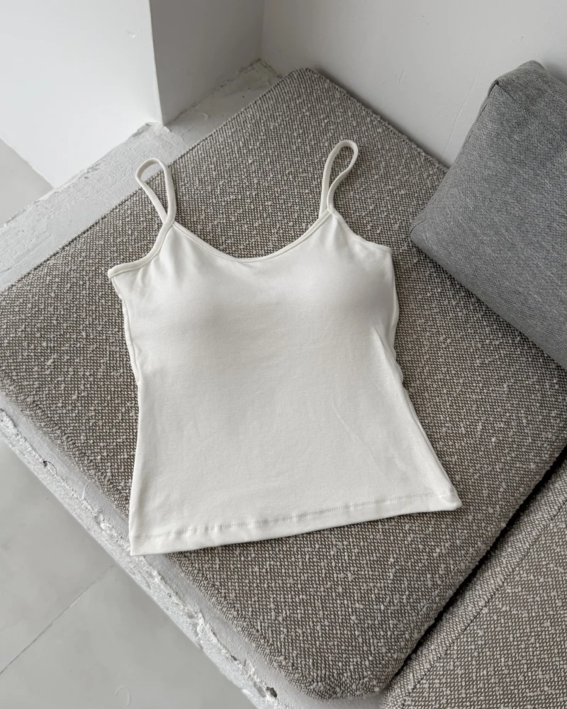 Uzun Göğüs Pedli İnce Askılı Body - Ekru