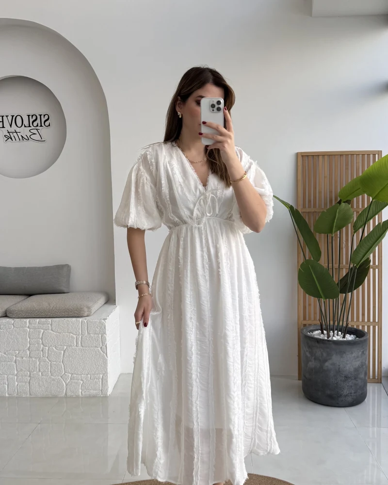 Alise Püsküllü V Yaka Balon Kol Elbise - Ekru - Kod: 3075