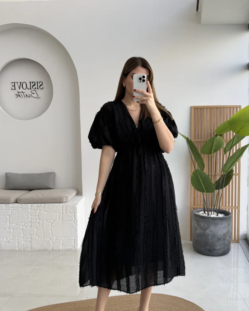 Alise Püsküllü V Yaka Balon Kol Elbise - Siyah - Kod: 3075