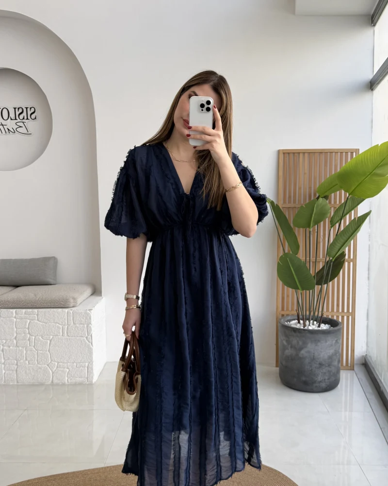 Alise Püsküllü V Yaka Balon Kol Elbise - Lacivert - Kod: 3075