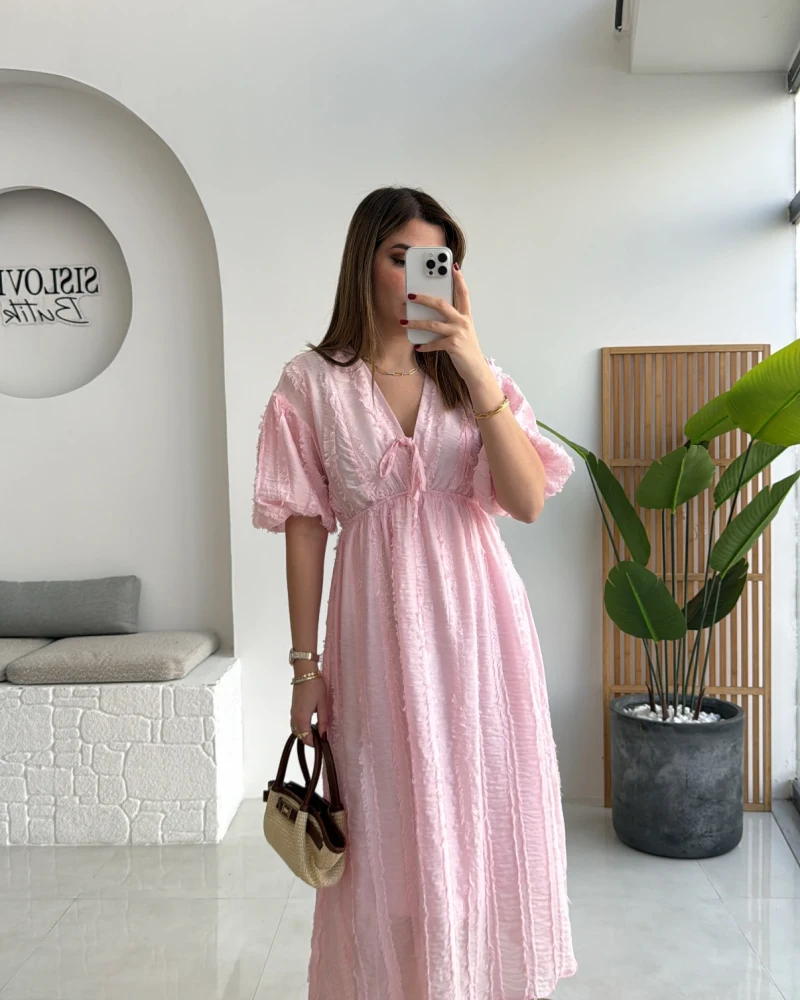 Alise Püsküllü V Yaka Balon Kol Elbise - Pembe - Kod: 3075