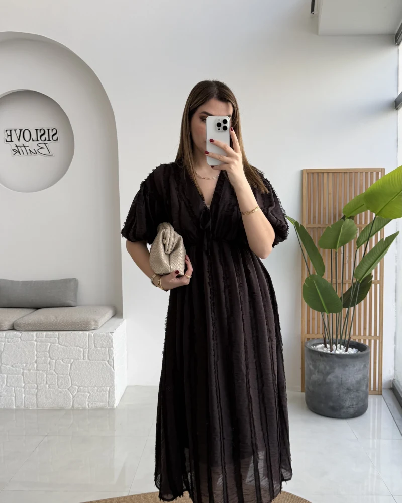 Alise Püsküllü V Yaka Balon Kol Elbise - Acı Kahve - Kod: 3075