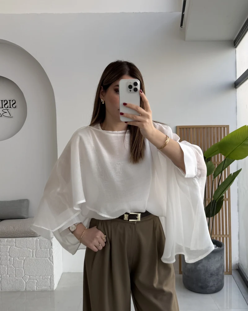 Uçuşan Pelerin Bluz - Beyaz - Kod: 5026