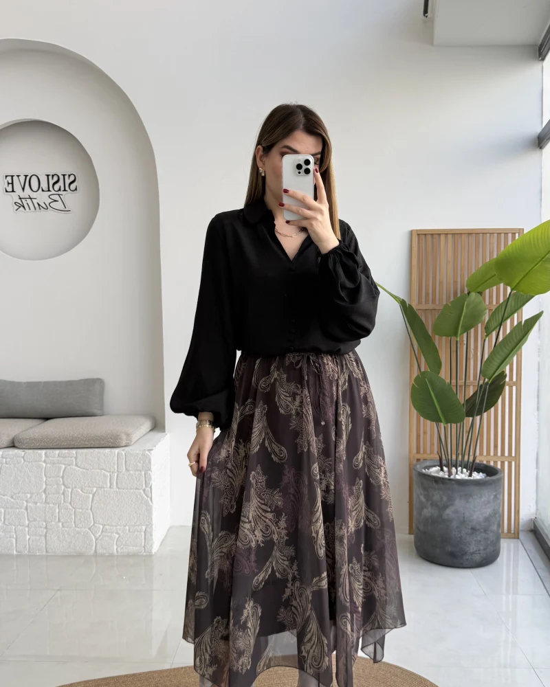 Janeka Desenli Asimetrik Kesim Şifon Etek - Kahve - Kod: 1293