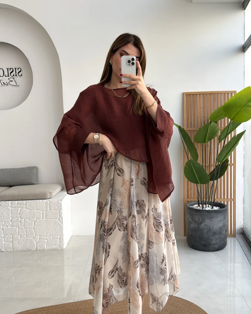 Janeka Desenli Asimetrik Kesim Şifon Etek - Bej - Kod: 1293