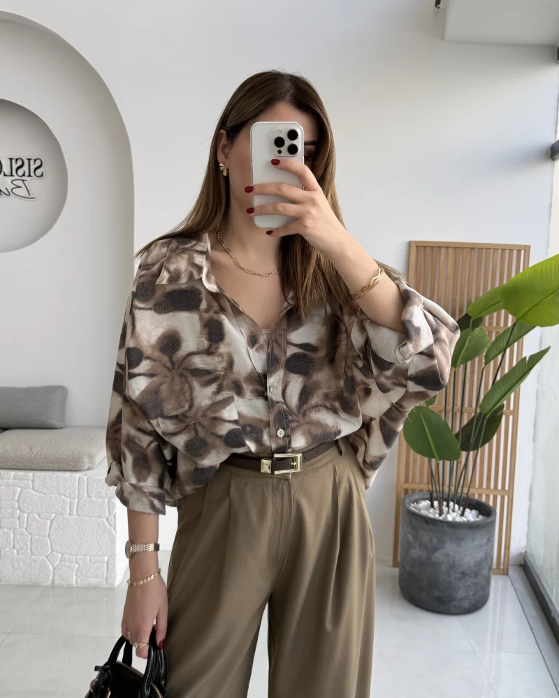 Kaety Desenli Gömlek - Kahve - Kod: 5040