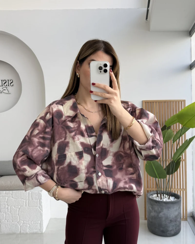 Kaety Desenli Gömlek - Bordo - Kod: 5040