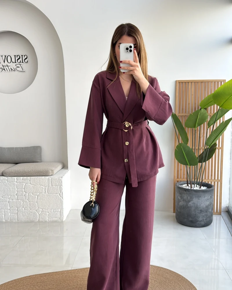 Toka Detay Kemerli Tunik Takım - Mürdüm - Kod: 8927