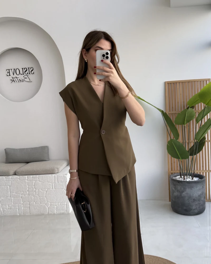 Adena Bağcıklı Bol Paça Pantolon Yelek Takım - Haki - Kod: 9306