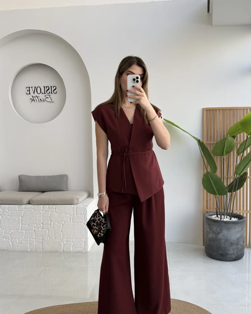 Adena Bağcıklı Bol Paça Pantolon Yelek Takım - Bordo - Kod: 9306