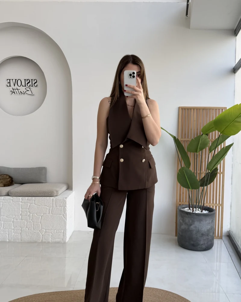 Rowena Yaka Detay Yelek-Pantolon Takım - Bitter - Kod: 9692