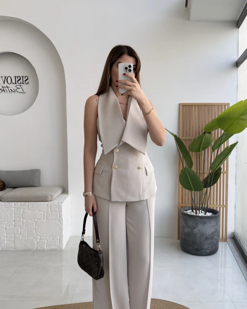 Rowena Yaka Detay Yelek-Pantolon Takım - Bej - Kod: 9692