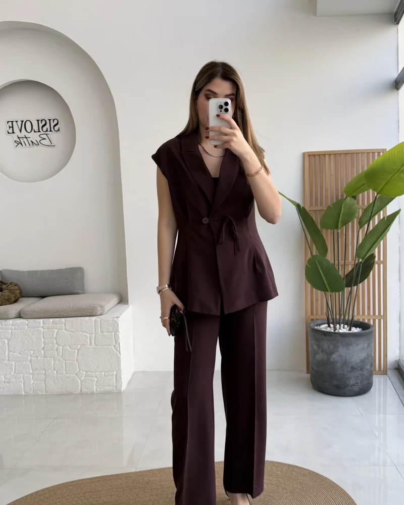 Enola Blazer Yelek-Pantolon Takım - Mürdüm - Kod: 8995