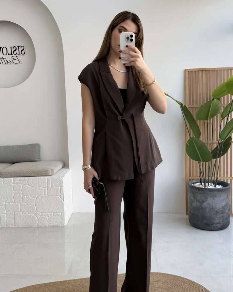 Enola Blazer Yelek-Pantolon Takım - Kahverengi - Kod: 8995