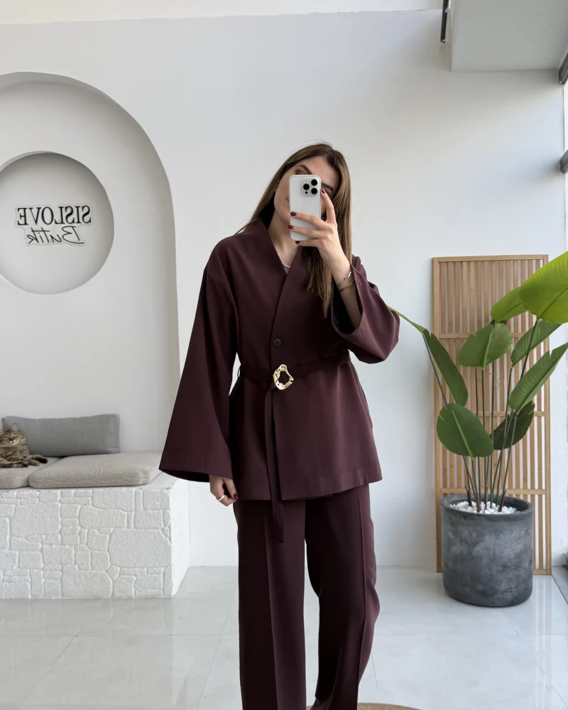 Poppy Toka Kemerli Ceket Pantolon Takım - Mürdüm - Kod: 9021