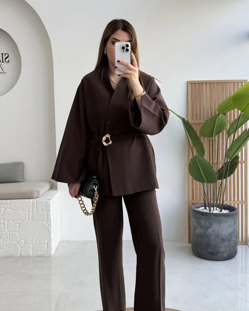 Poppy Toka Kemerli Ceket Pantolon Takım - Kahve - Kod: 9021