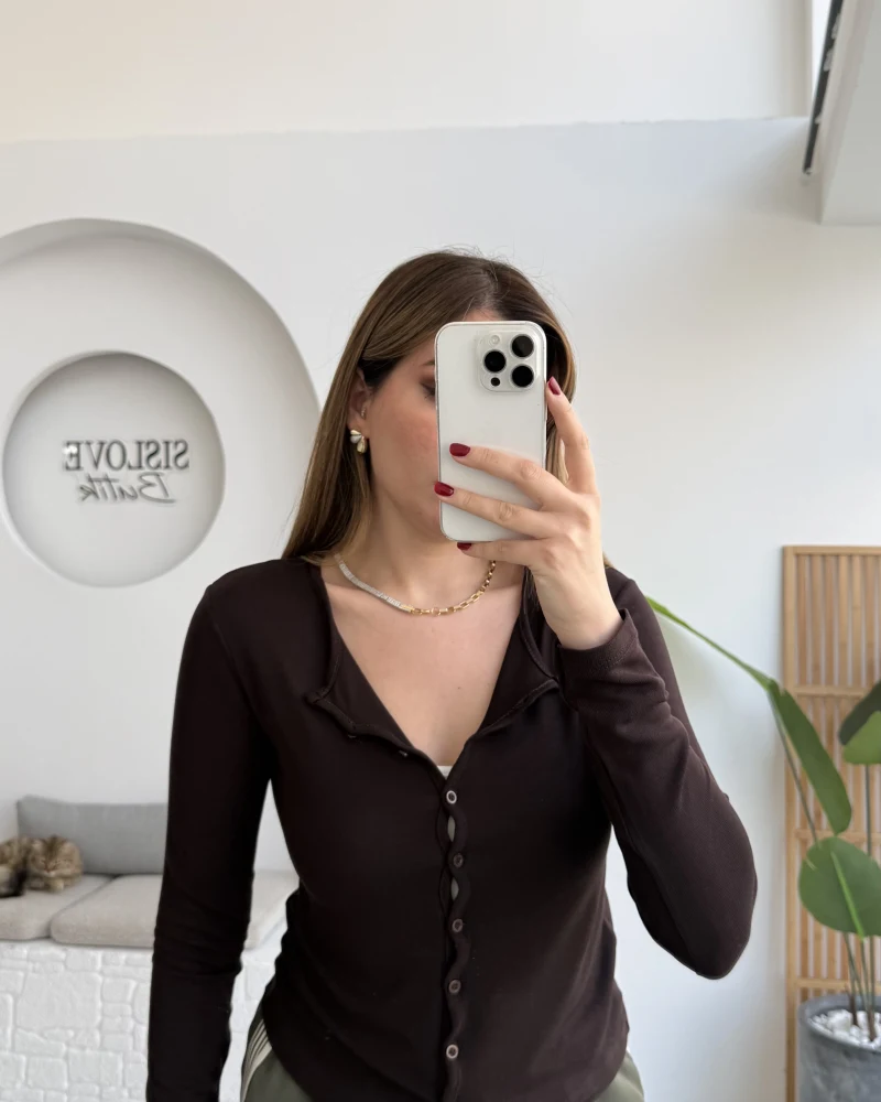 Ella Düğmeli Uzun Triko Hırka - Kahverengi