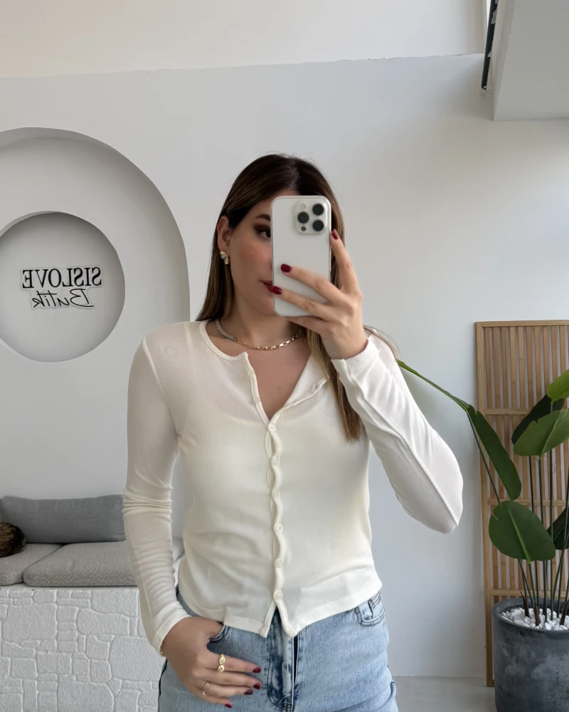 Ella Düğmeli Uzun Triko Hırka - Ekru